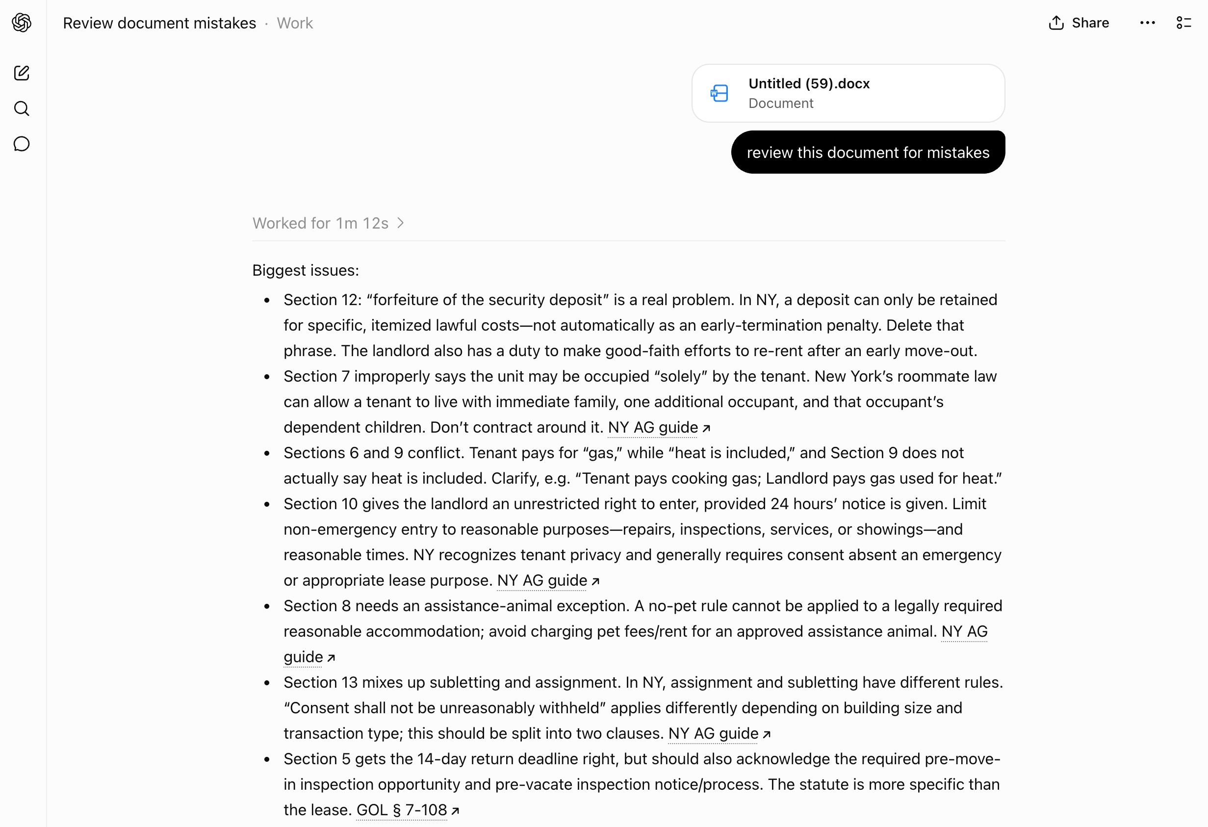 ChatGPT presenting detailed feedback and citations from a document review