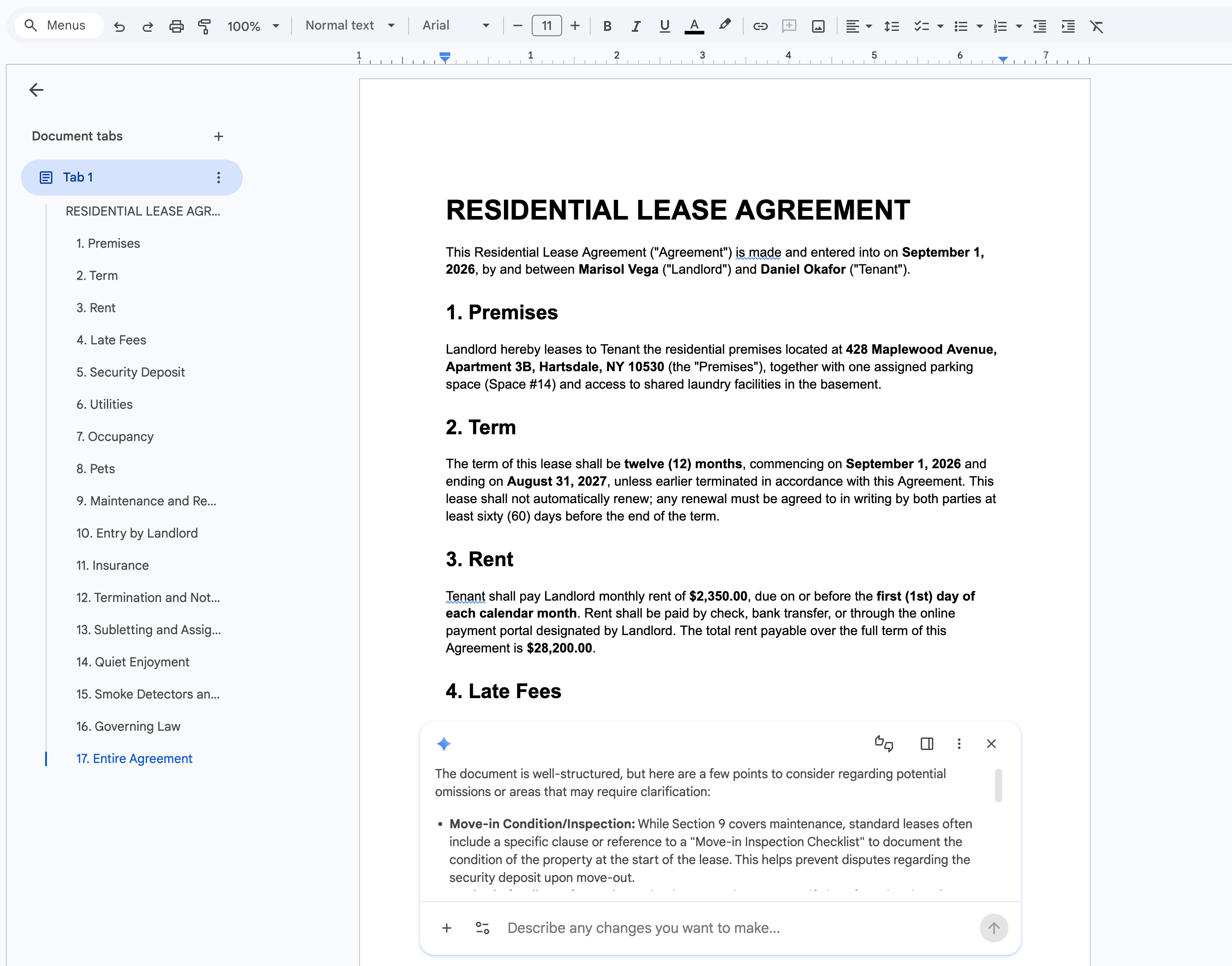 Gemini presenting a document review in the Google Docs chat sidebar