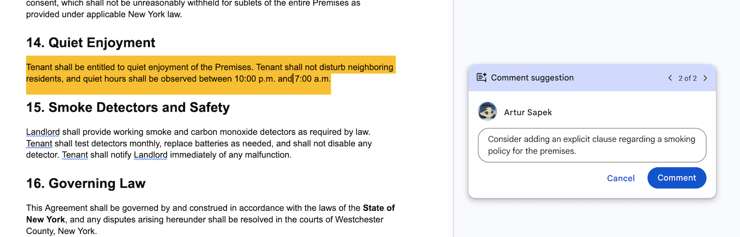 Google Docs showing an AI-generated comment attributed to the document author
