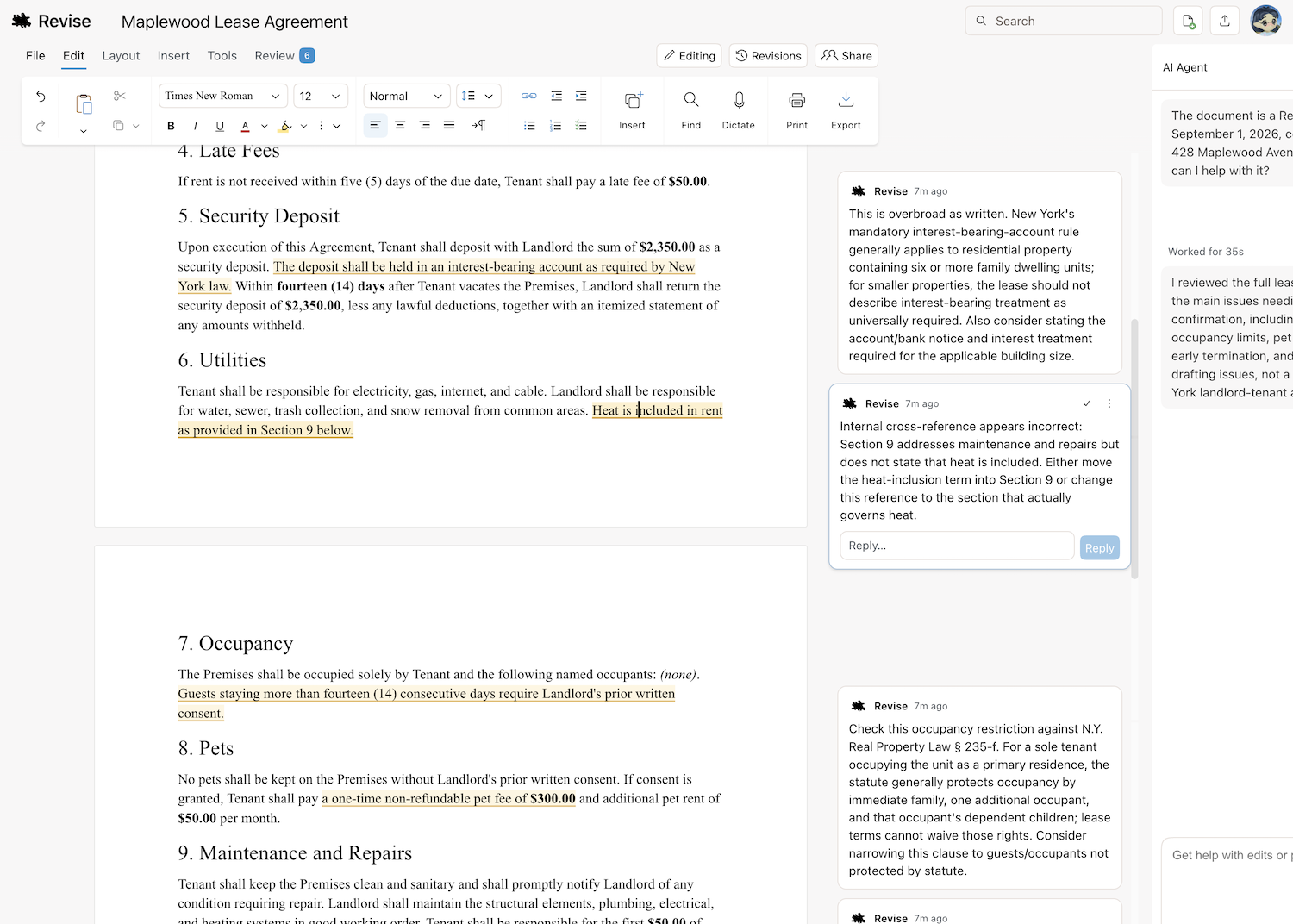 Revise editor showing review in margin comments