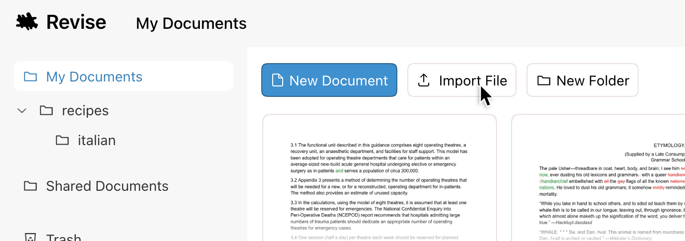 Importing a Microsoft Word .docx file into the Revise editor to edit it with GPT-5