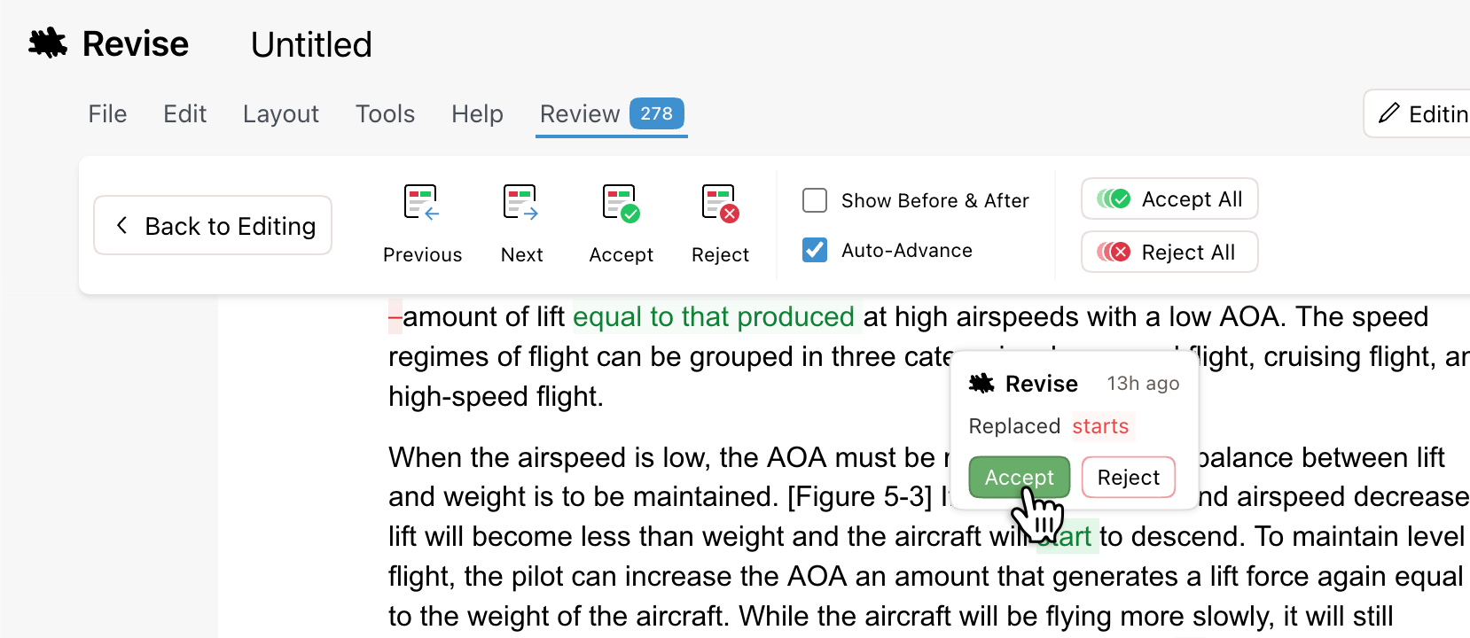 Claude's suggested edits shown as a red and green tracked-changes diff in a Google Docs document